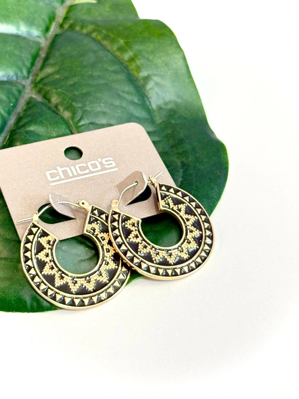 CHICO’S Black Gold Tribal Statement Hoop Earrings NWT